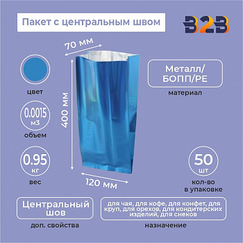 Пакет с центральным швом 120(+70)*400мм, Метал/БОПП/PE, синий матовый