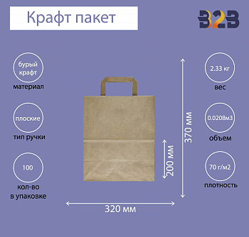 Крафт пакет с плоскими ручками, 320x200x370 (Ш*Г*В) мм (бурый)