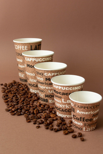 Однослойный бумажный стаканс дизайном "COFFEE" 300 мл для больших порций чая и кофе, латте, капучино 90*60*111 мм